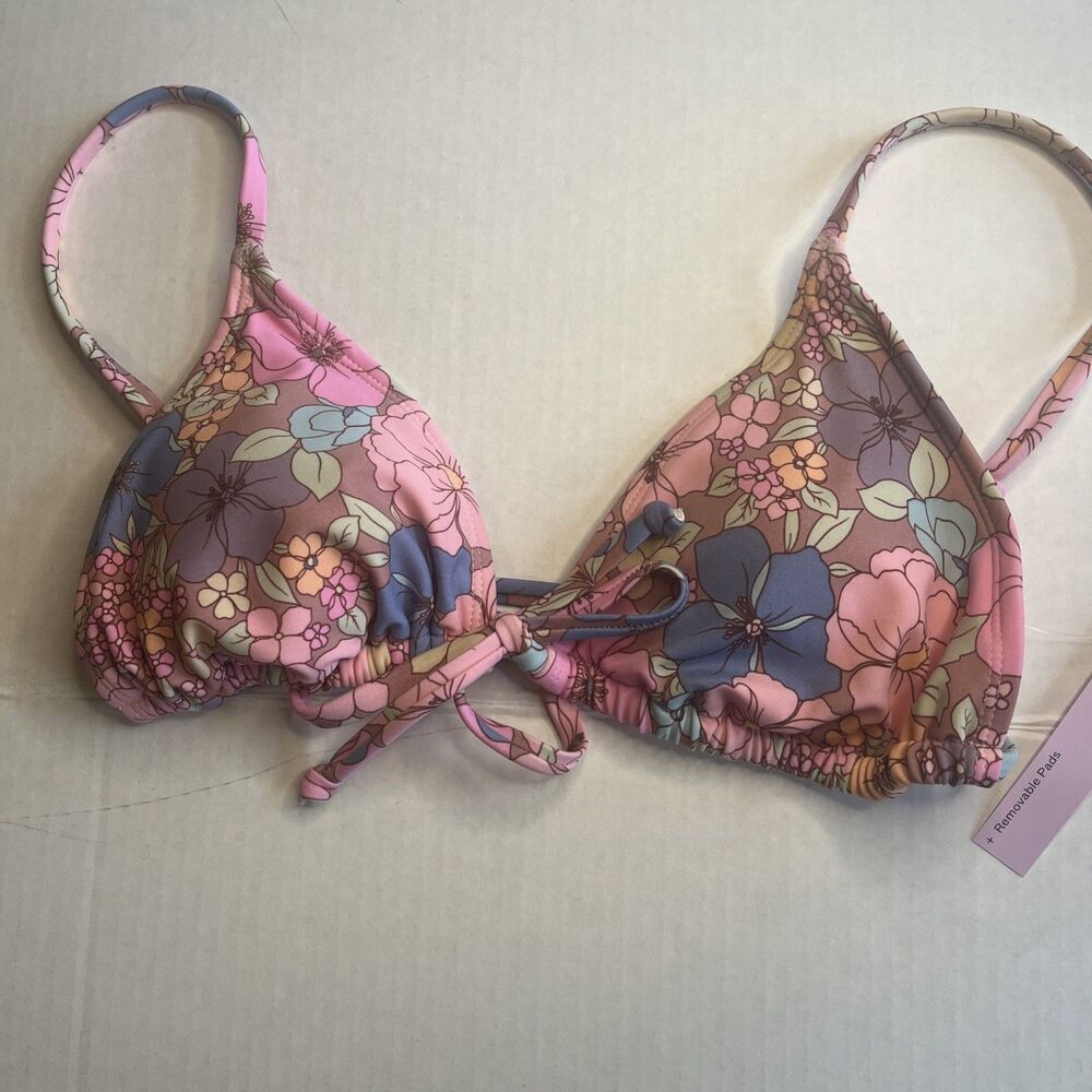 Wild Fable Bikini Top Women M 8/10 Purple Pink Floral Front Tie Removable Pads